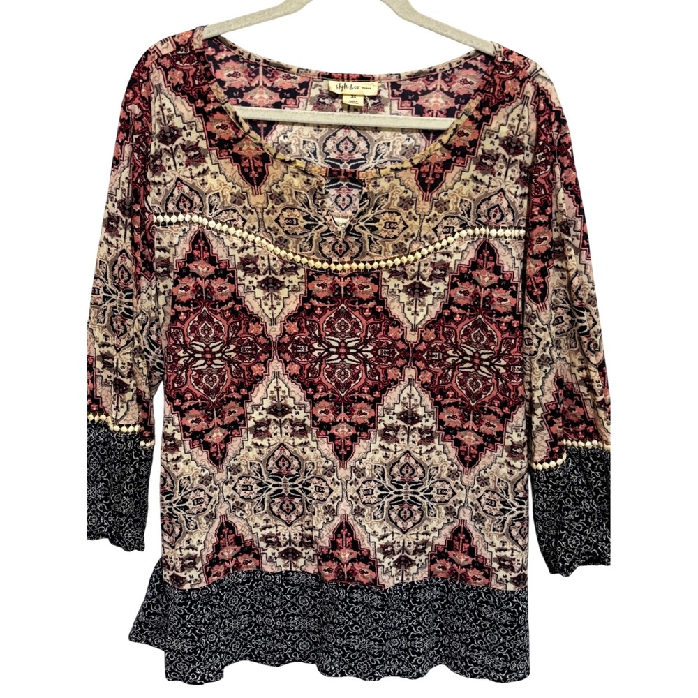 Style & Co Woman 3X Bohemian‎ Medallion Print Tunic Top 3/4 Sleeve Embellished